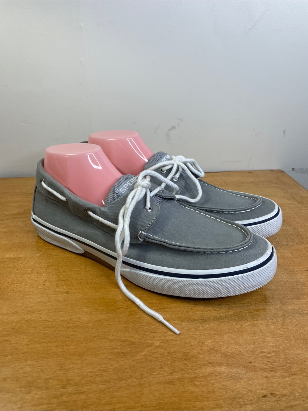 Sperry Gray Canvas Boat Shoes with White Laces. Size 11